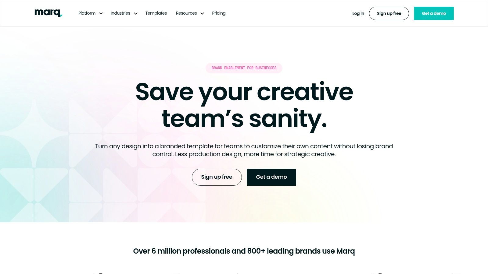 Marq homepage with the headline 'Save your creative team's sanity' and a description of branded templates that teams can customize without losing brand control.