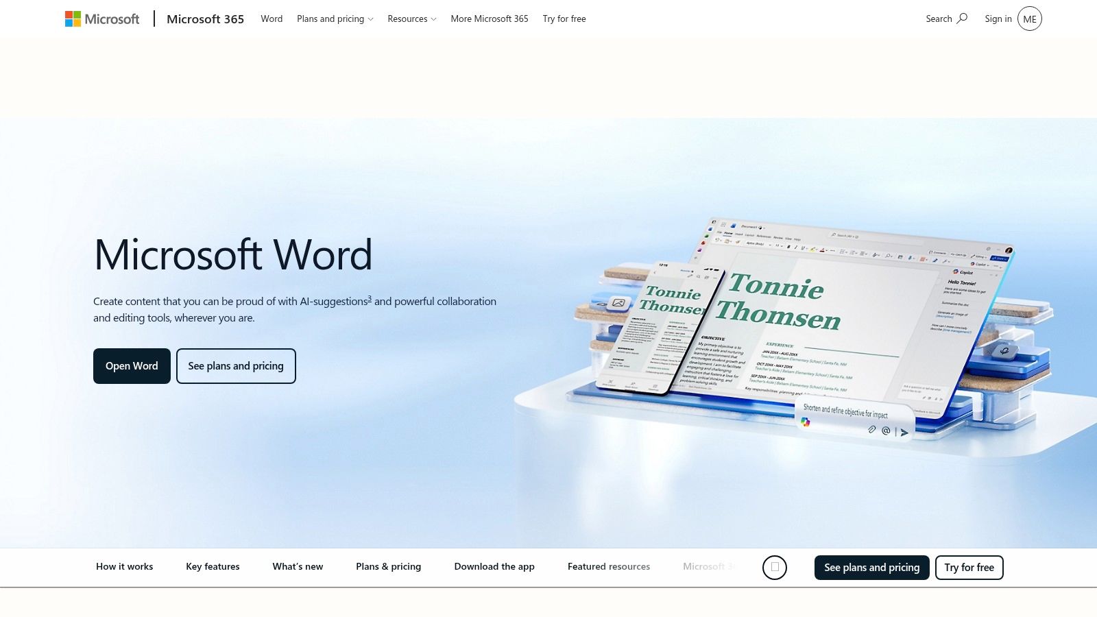 Microsoft Word product page on Microsoft 365, showing a resume document open on a laptop and a phone.