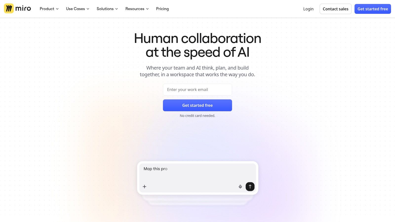 Miro homepage with the headline 'Human collaboration at the speed of AI' above a prompt box for starting a board.