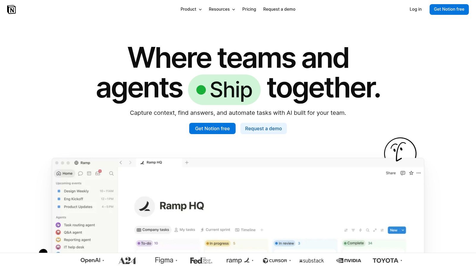 Notion homepage with the headline 'Where teams and agents ship together' above a workspace preview with a task board.