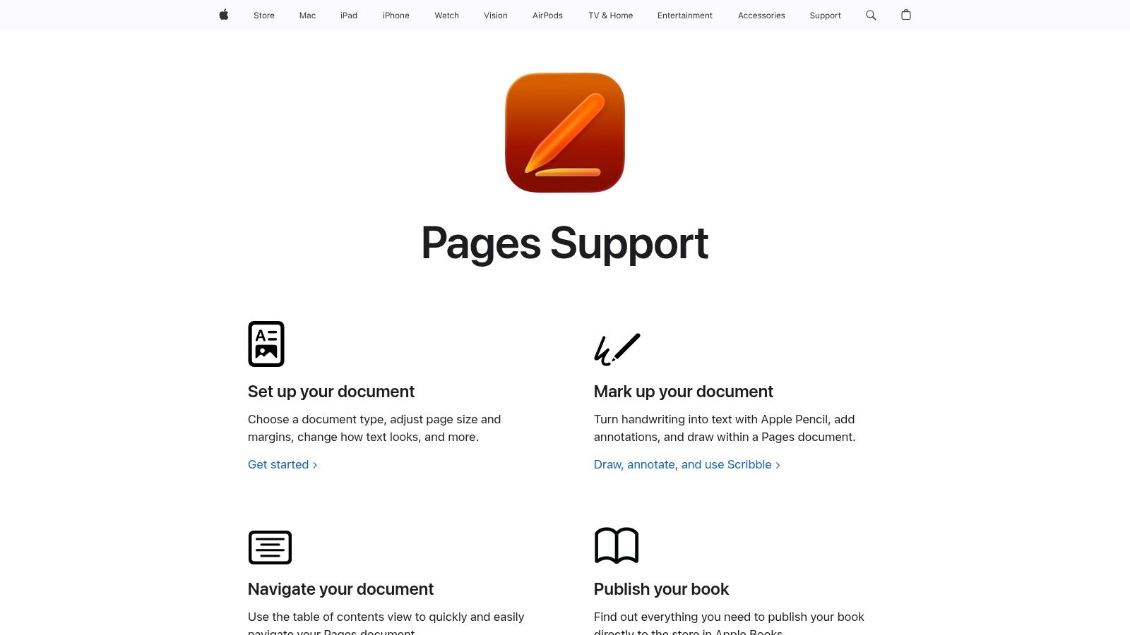 Apple's Pages Support page, with the Pages app icon above help topics for setting up, marking up, and navigating a document.