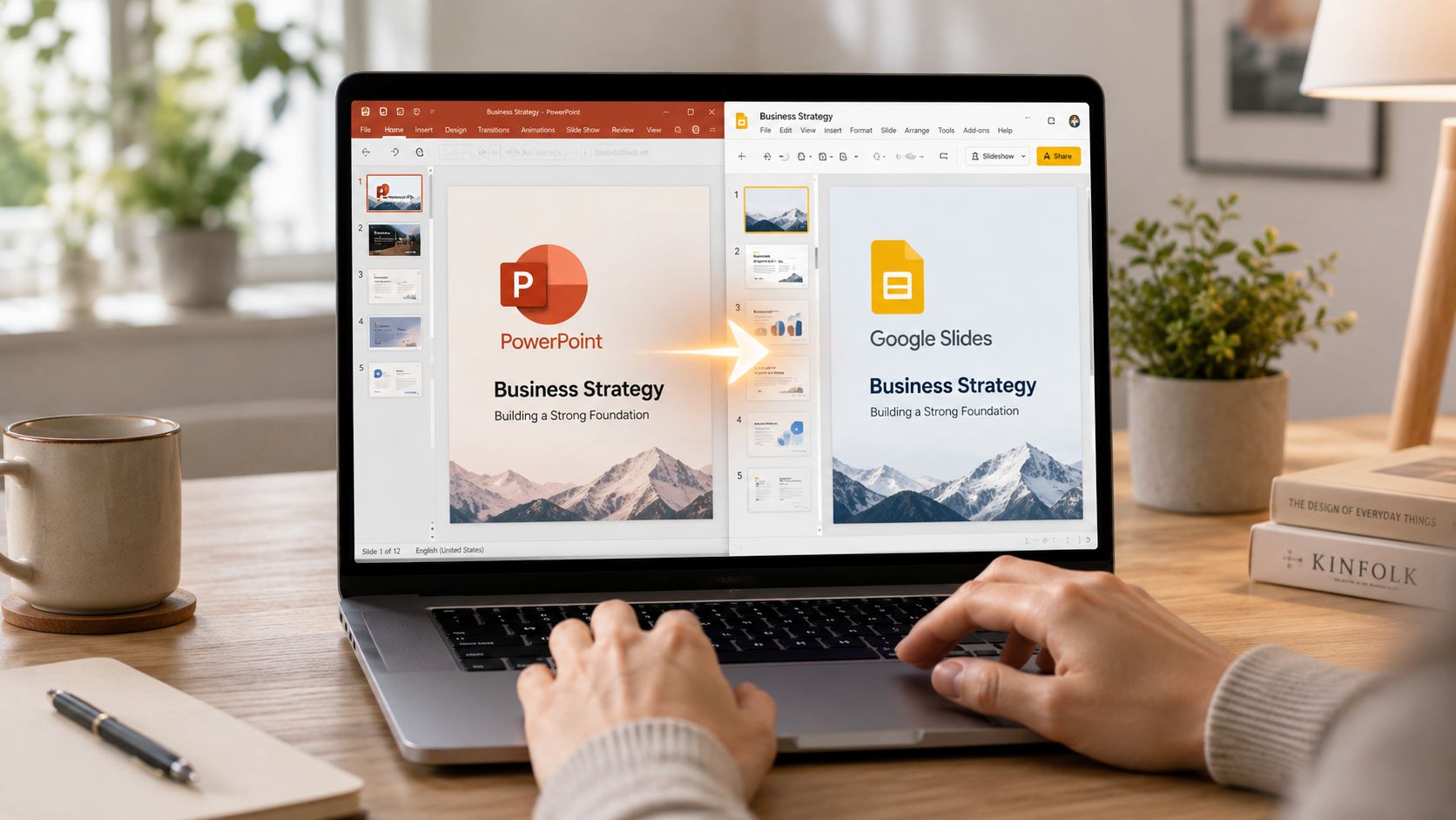 A person using a laptop to convert a PowerPoint presentation into a Google Slides document for business strategy.
