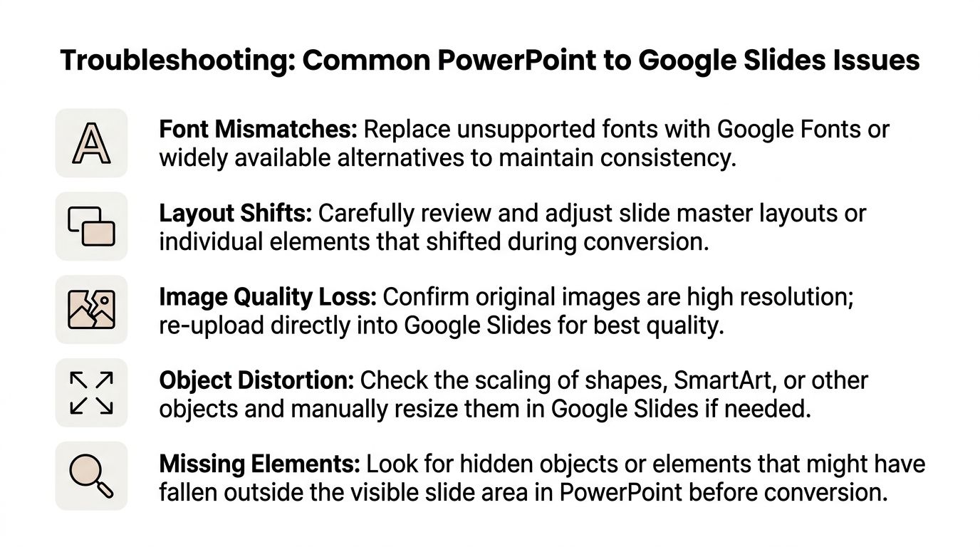 A guide listing common troubleshooting tips for converting PowerPoint presentations into Google Slides format for better results.