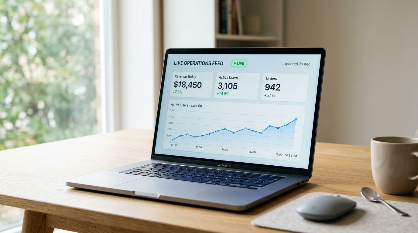 A modern laptop on a wooden desk displaying live business analytics and performance metrics on screen.