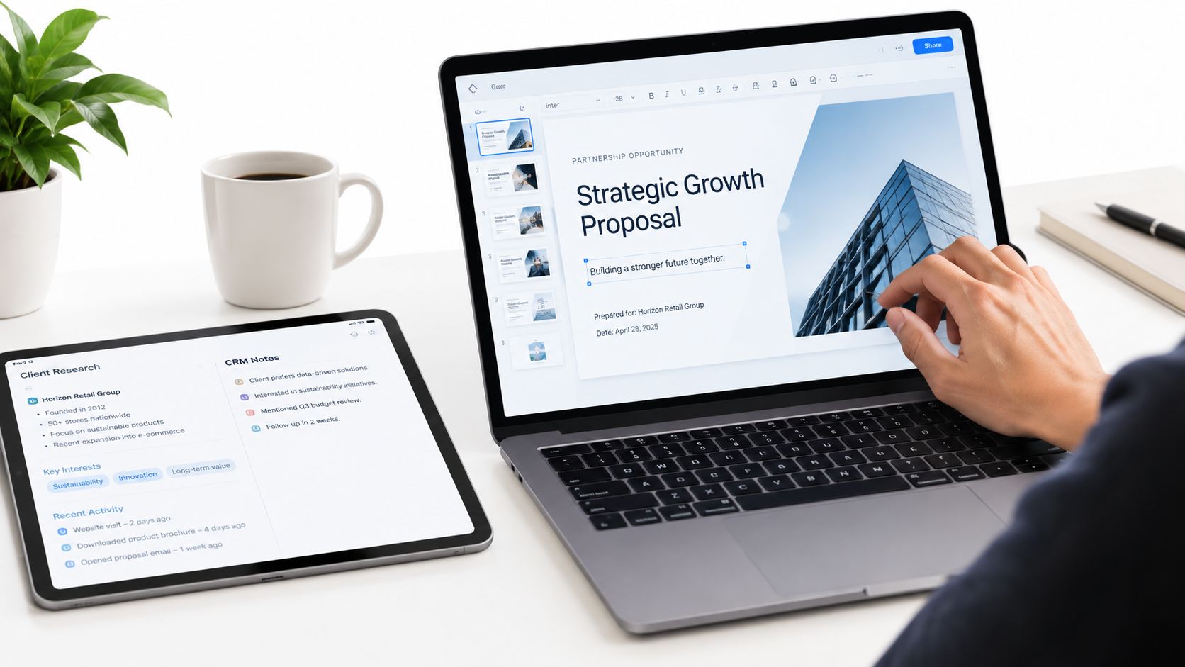 A person editing a Strategic Growth Proposal on a laptop beside a tablet showing client research and CRM notes for the account.