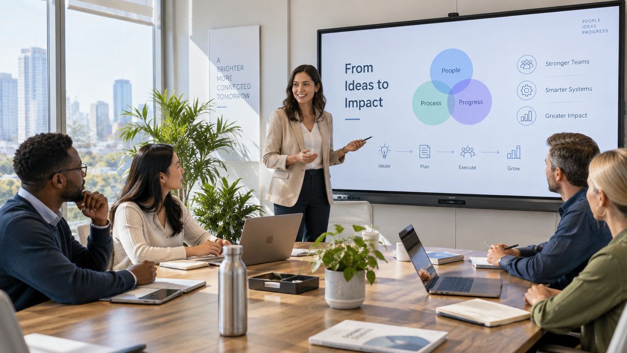 A presenter stands beside a wall screen leading a business review while four colleagues follow along around a conference table in a city-view office.