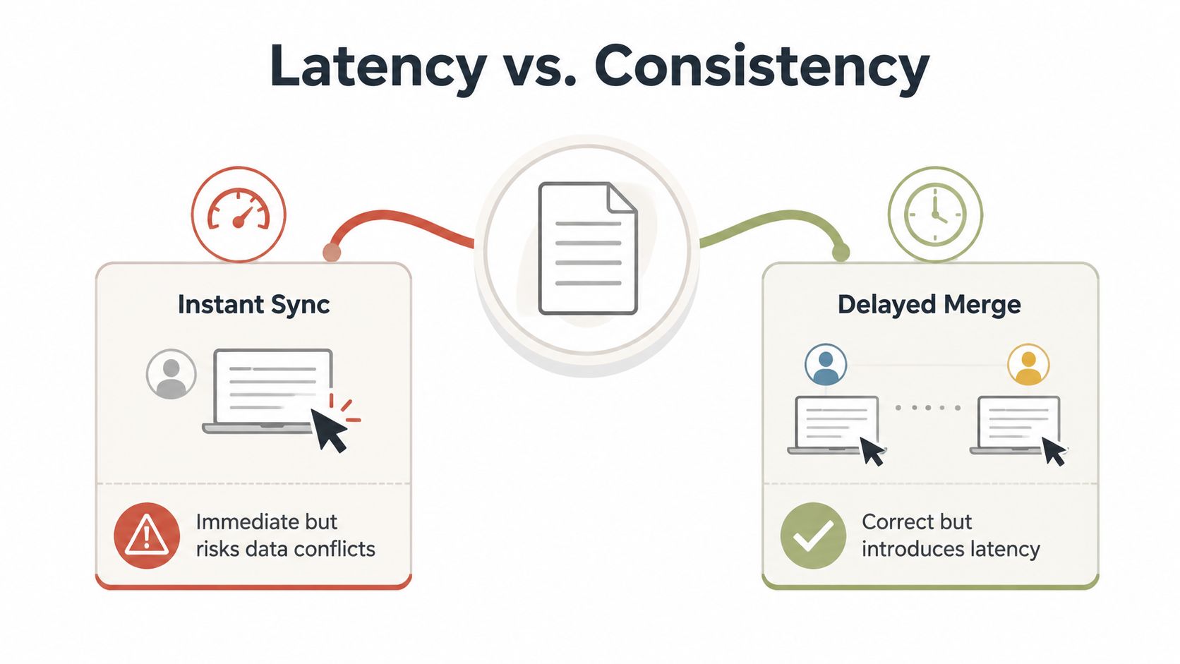 A diagram titled Latency vs. Consistency contrasting Instant Sync, marked immediate but risks data conflicts, against Delayed Merge, marked correct but introduces latency.