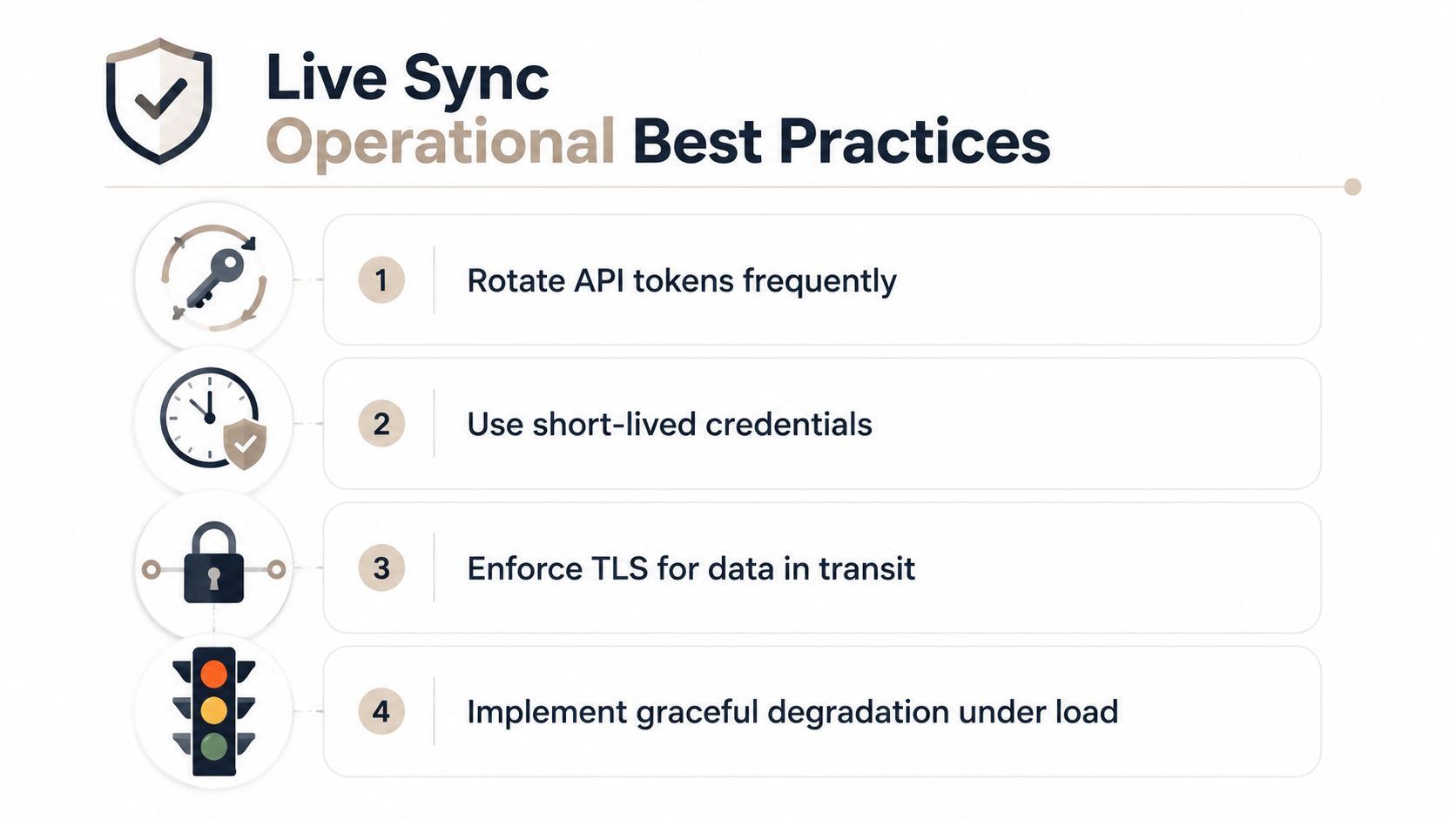 A numbered list titled Live Sync Operational Best Practices: rotate API tokens frequently, use short-lived credentials, enforce TLS for data in transit, and implement graceful degradation under load.