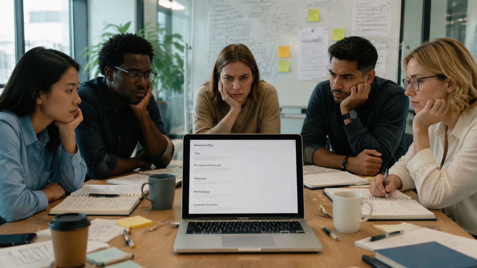 A team of colleagues looking tired and stressed while reviewing a research plan on a laptop.