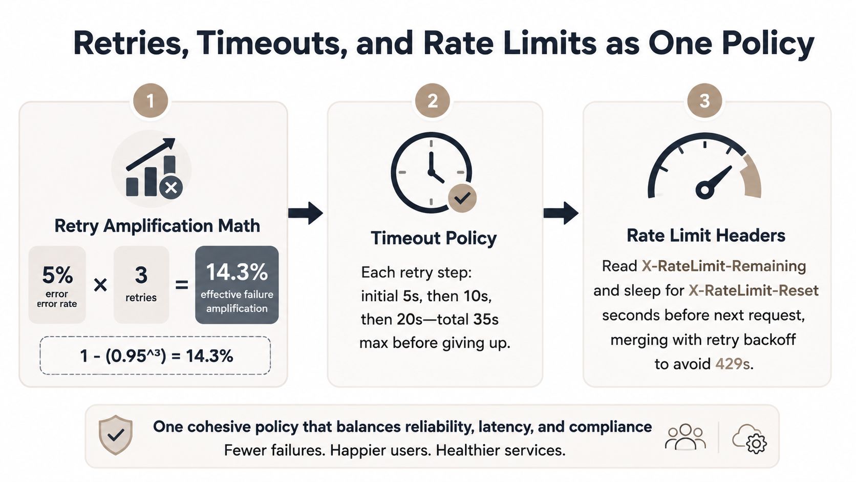 A diagram illustrating a cohesive policy for managing REST API retries, timeouts, and rate limits effectively.