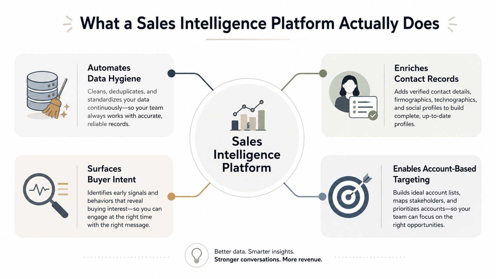 A diagram of sales-intelligence workflow stages, from data collection and account matching to prioritization and action.