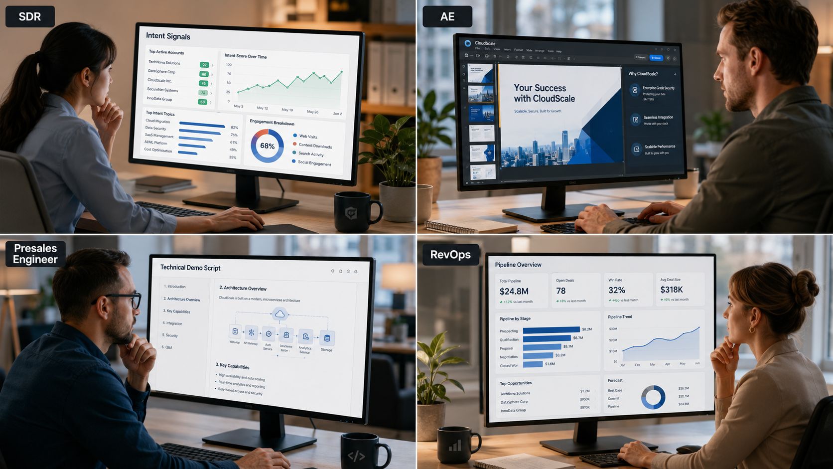 Sales professionals using dashboards to coordinate account research, outreach, and customer context.