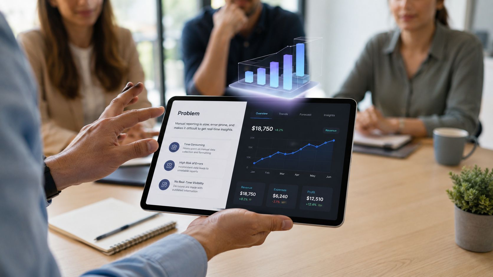 A professional business meeting where a colleague presents financial growth data on a digital tablet screen.