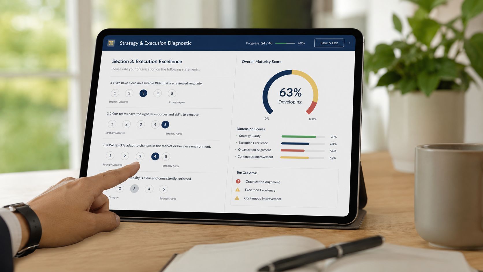 A hand using a tablet to complete an online business strategy and execution maturity assessment diagnostic survey.