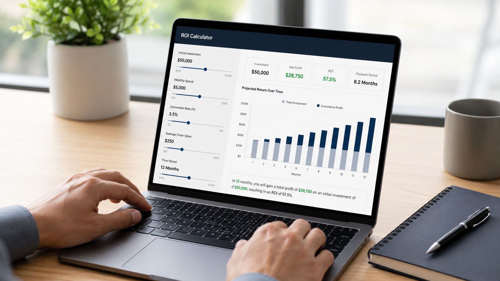A person using a laptop to view a digital ROI calculator dashboard showing financial projections and bar graphs.