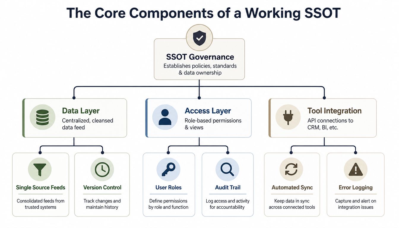 A diagram titled The Core Components of a Working SSOT, with SSOT governance at the top setting policies, standards, and data ownership, branching into a data layer with single-source feeds and version control, an access layer with user roles and an audit trail, and tool integration with automated sync and error logging.