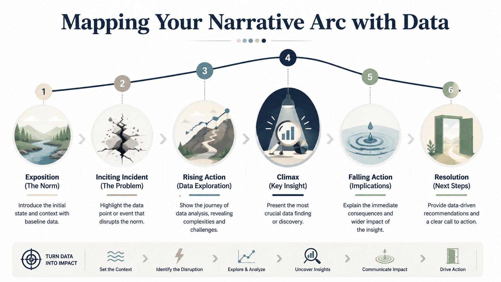 An infographic showing the narrative arc of data storytelling, from exposition and problem to actionable resolution.