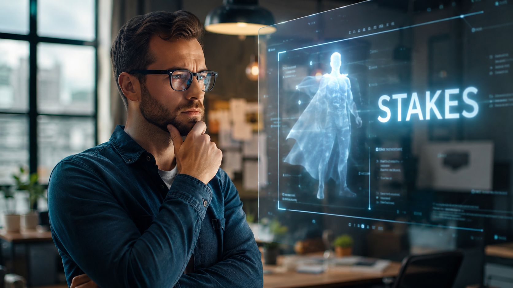 A thoughtful man looking at a holographic projection of a superhero figure displaying the word STAKES.