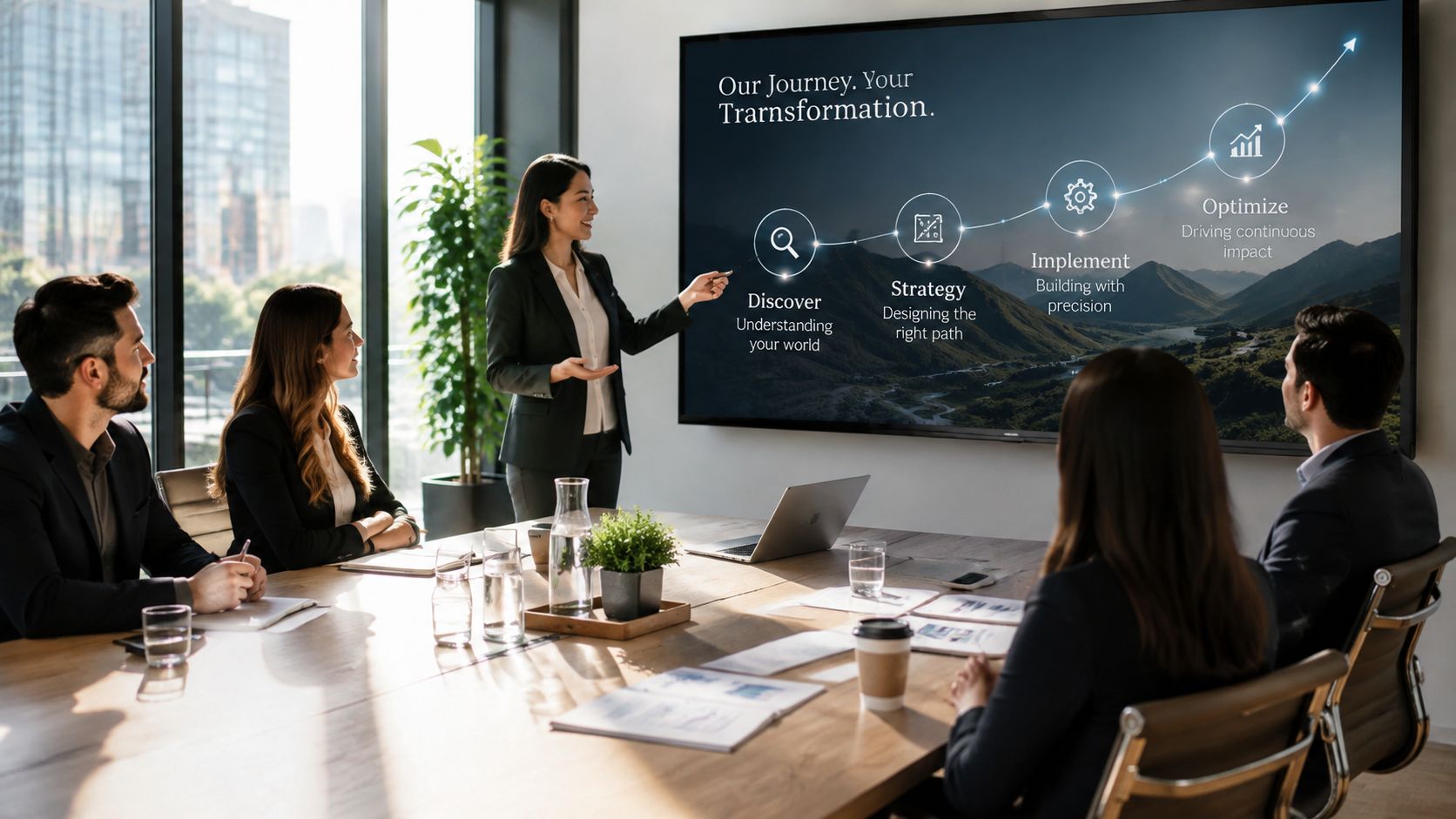 A businesswoman stands beside a large screen in a sunlit boardroom, presenting a customer-journey story arc labeled Discover, Strategy, Implement, and Optimize under the headline Our Journey, Your Transformation, to four seated colleagues.