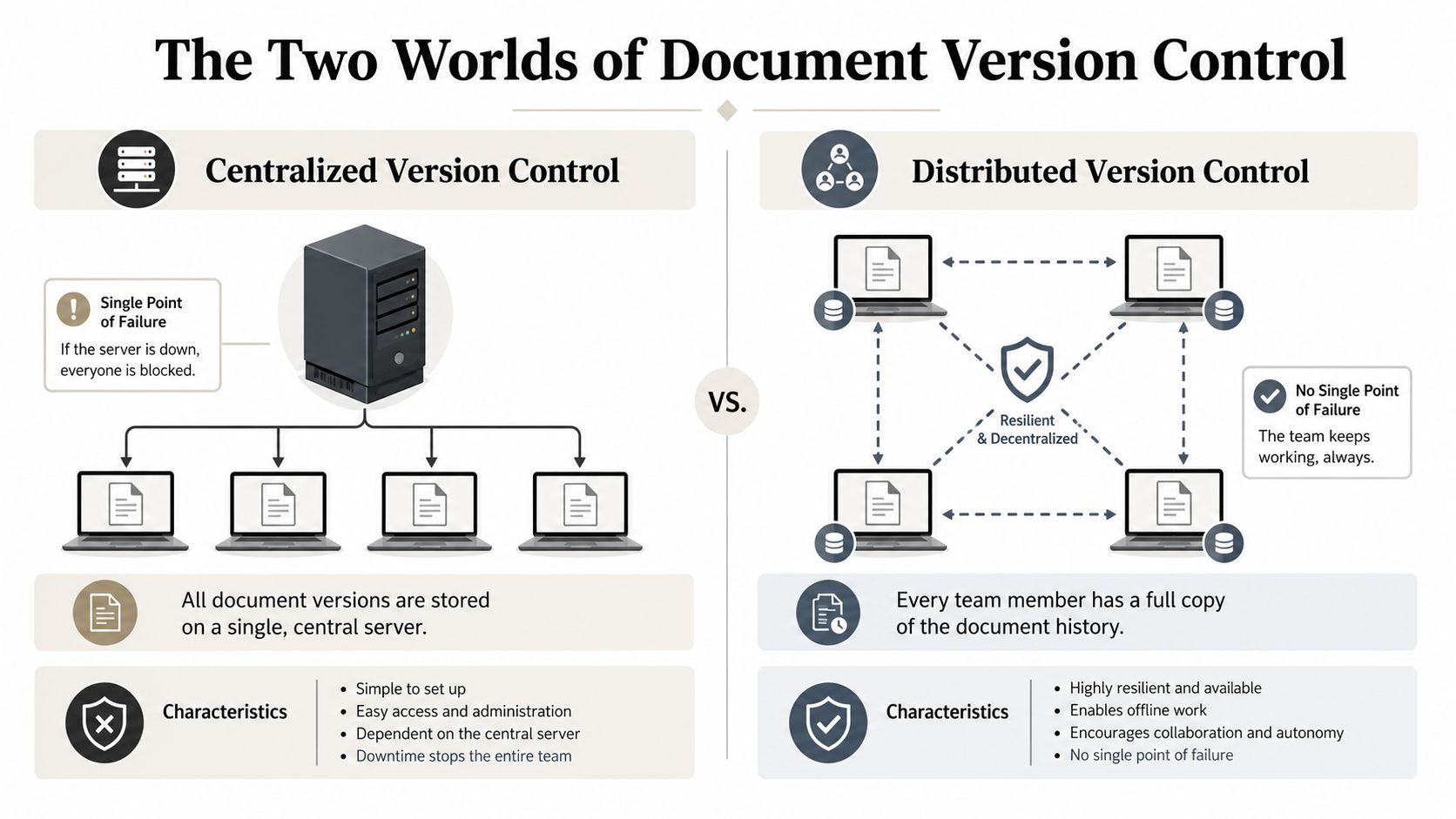 A diagram comparing centralized version control and distributed version control systems for document management and team collaboration.