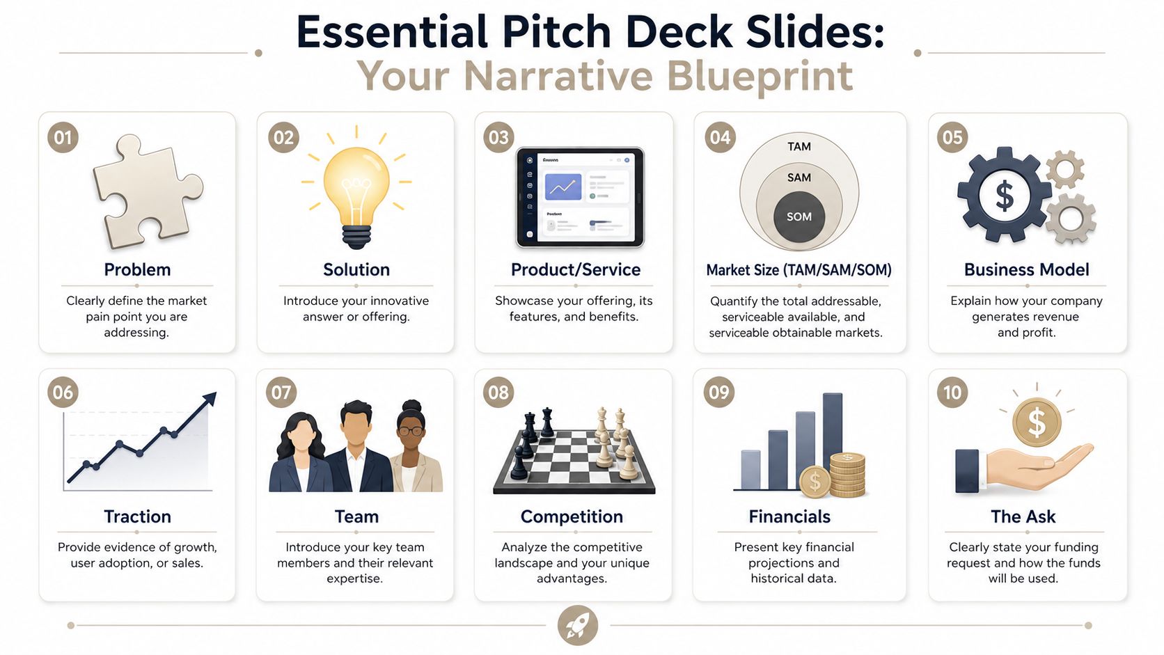 An infographic outlining the ten essential slides required for a professional business pitch deck presentation.