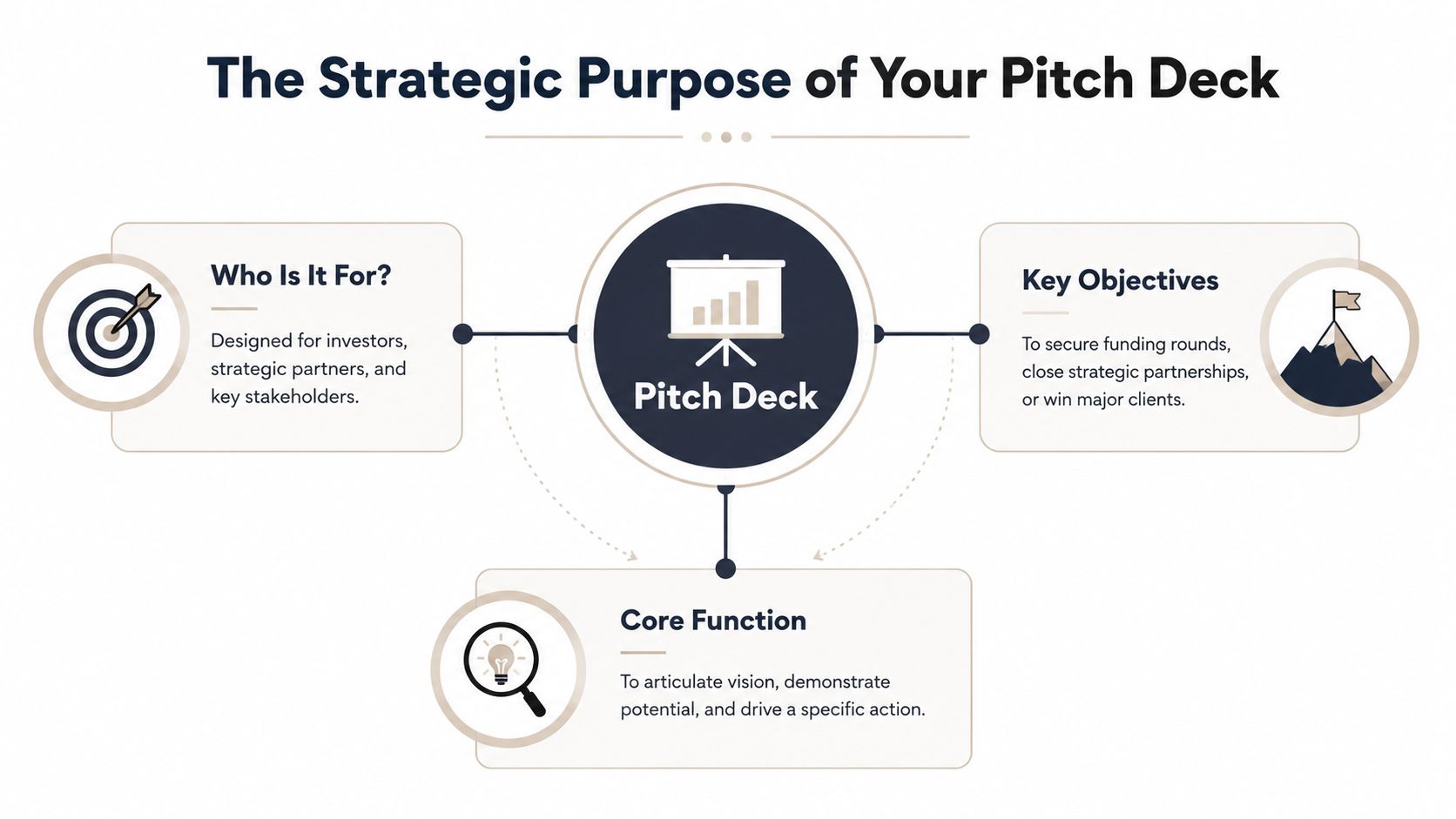 A diagram illustrating the strategic purpose of a pitch deck, covering its target audience, objectives, and function.