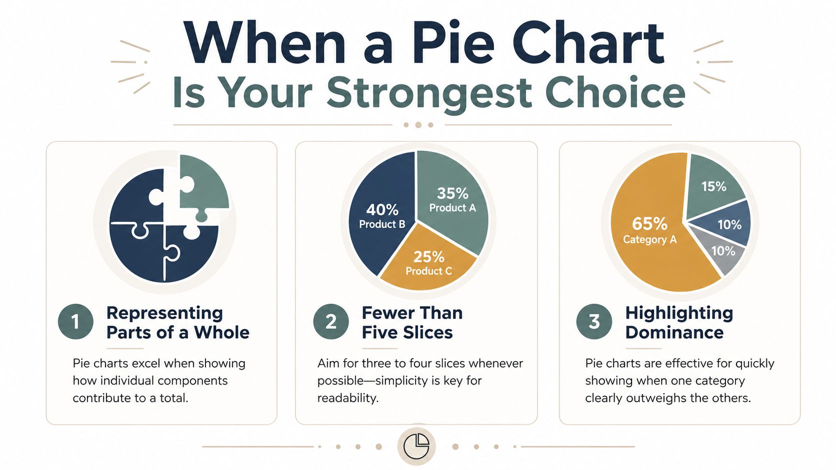 An infographic titled When a Pie Chart Is Your Strongest Choice, illustrating three key best practices for data visualization.