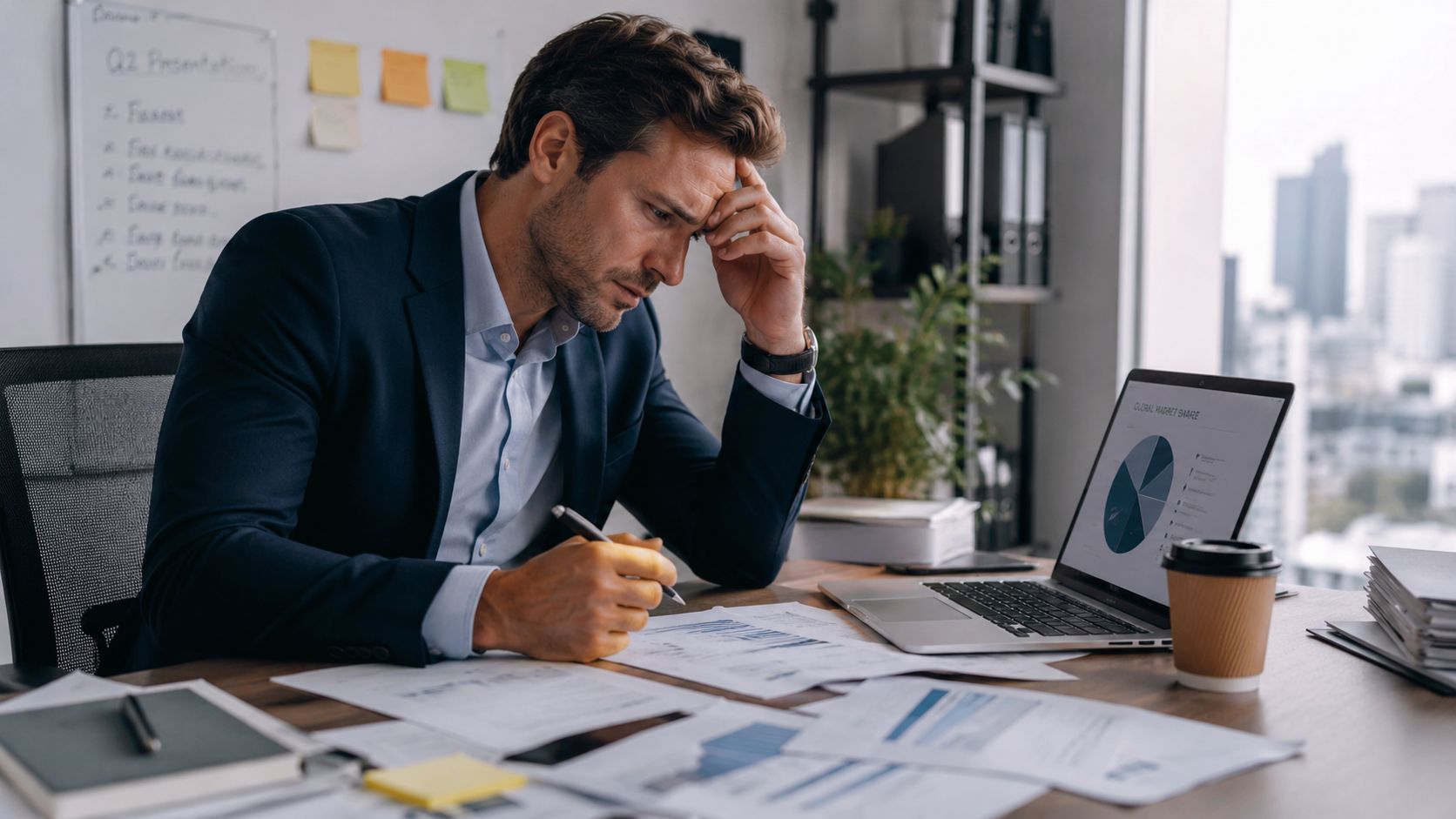 A stressed businessman analyzing complex financial charts and data on his laptop at a modern office desk.