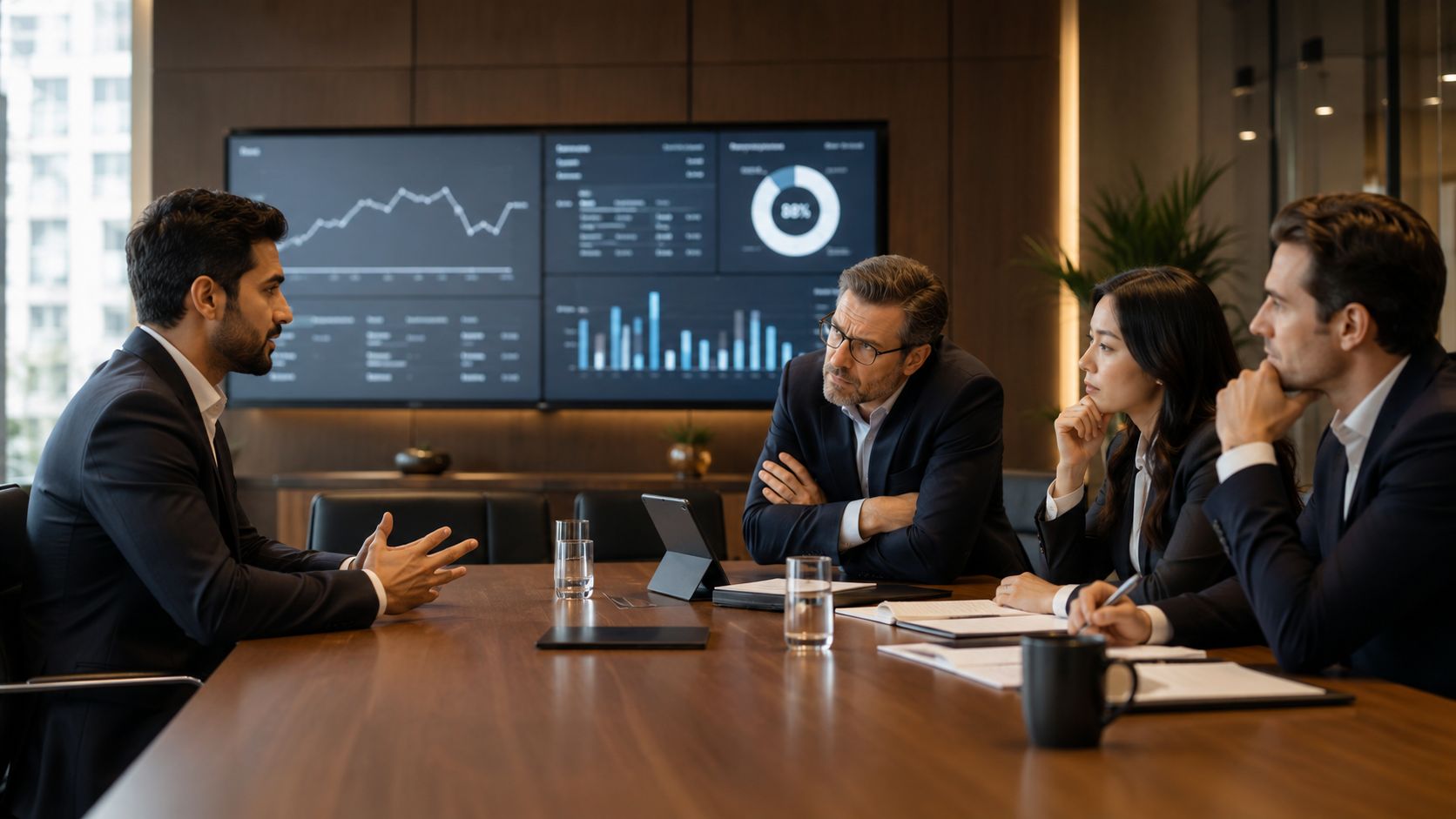 A group of professionals in suits discussing business strategies in a modern boardroom with data displays.