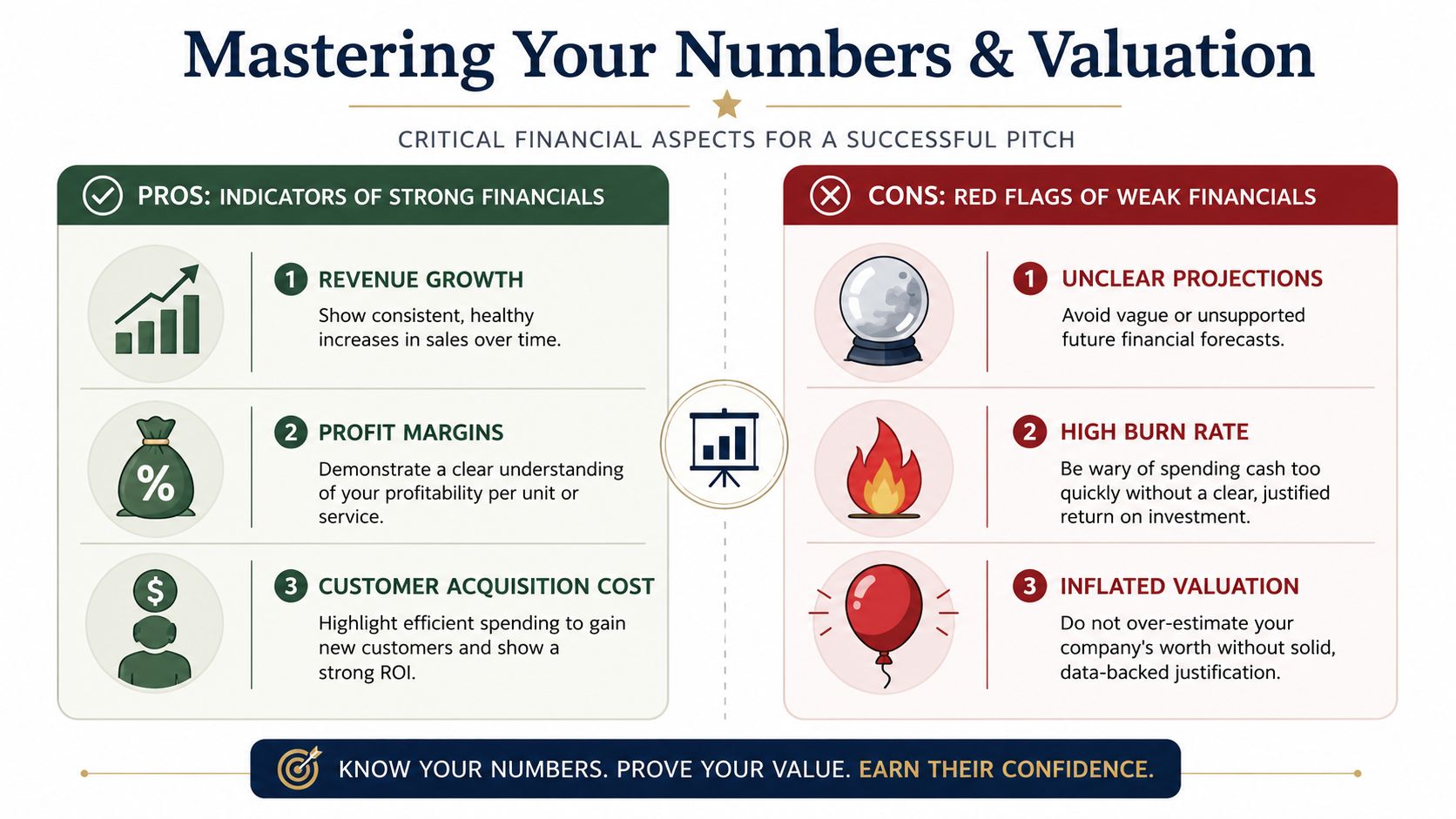 An infographic titled Mastering Your Numbers and Valuation detailing financial pros and cons for a successful pitch.