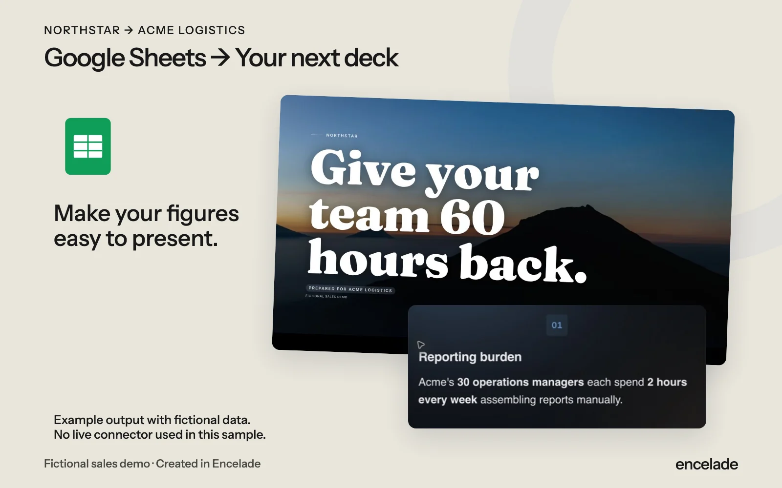 Google Sheets and a presentation built around business figures, illustrated with Northstar demo content.